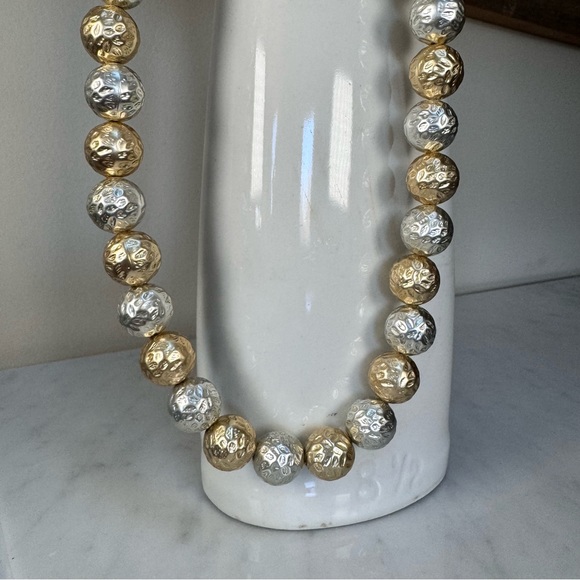 Vintage Silver & Gold Textured Shiny Round Beaded Necklace Lobster Clasp 24.5"L - Picture 3 of 7
